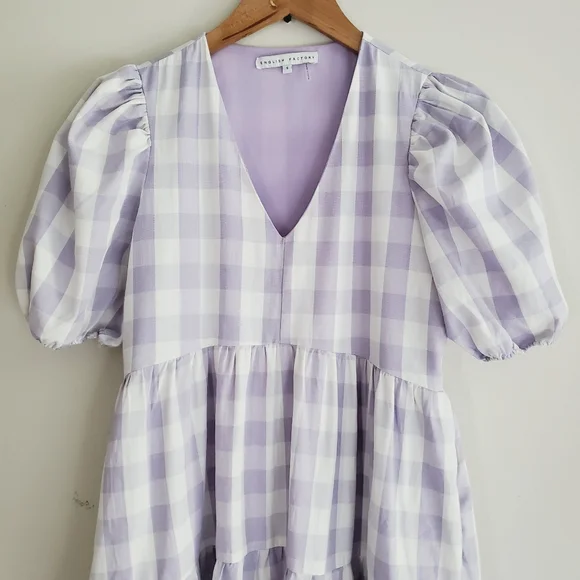 English Factory Gingham Tiered Puff Sleeve Midi Dress Lilac Lined - Picture 3 of 8